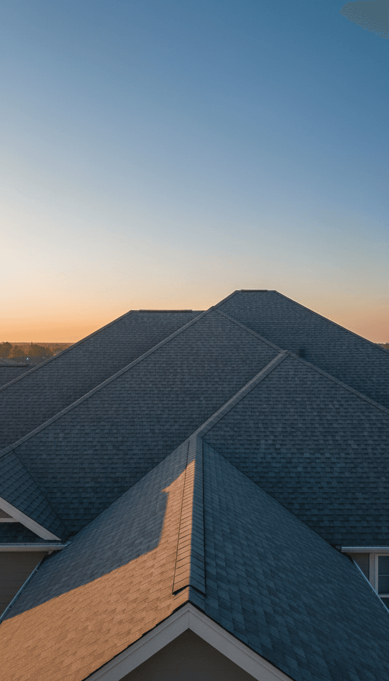 Aerial view of a residential roof at golden hour with warm, soft lighting