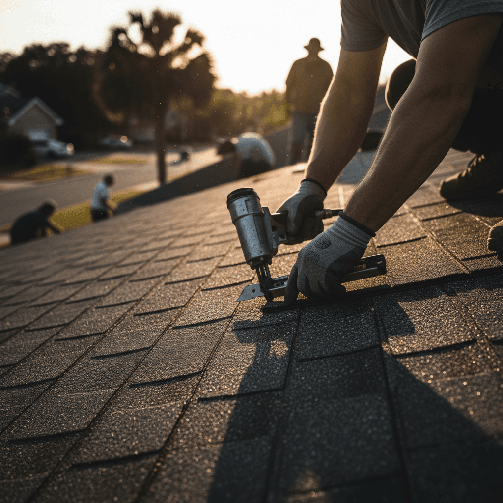 Roof repair work in progress