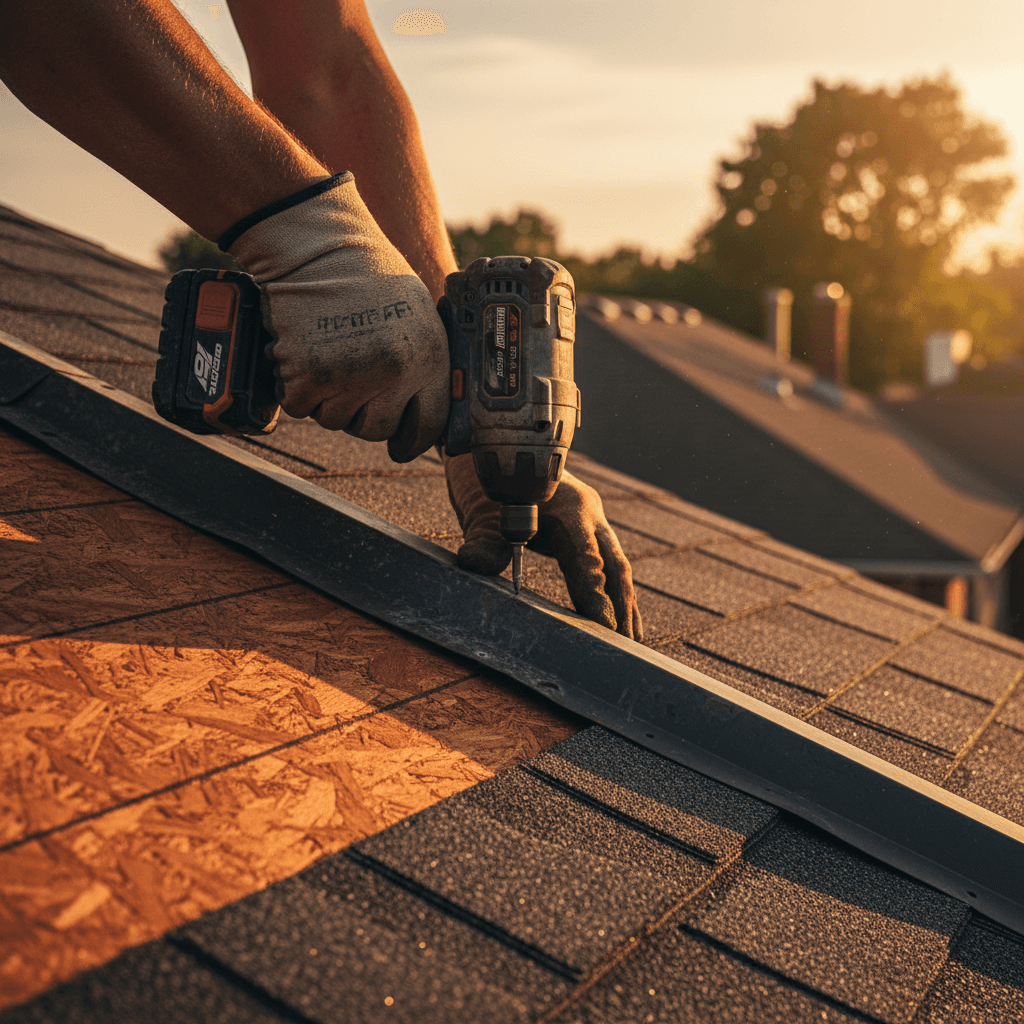 Roofing contractor installing roof shingles on residential roof