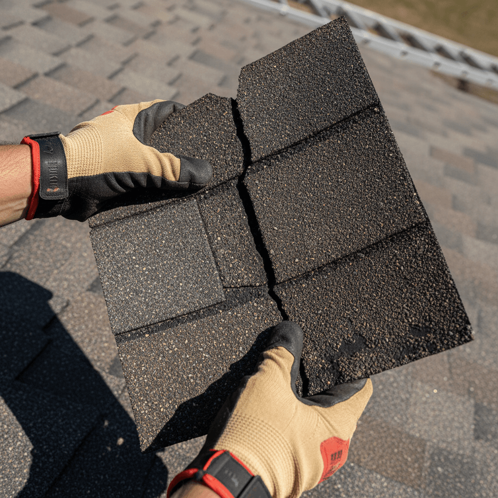 Roof repair inspection showing damaged shingles