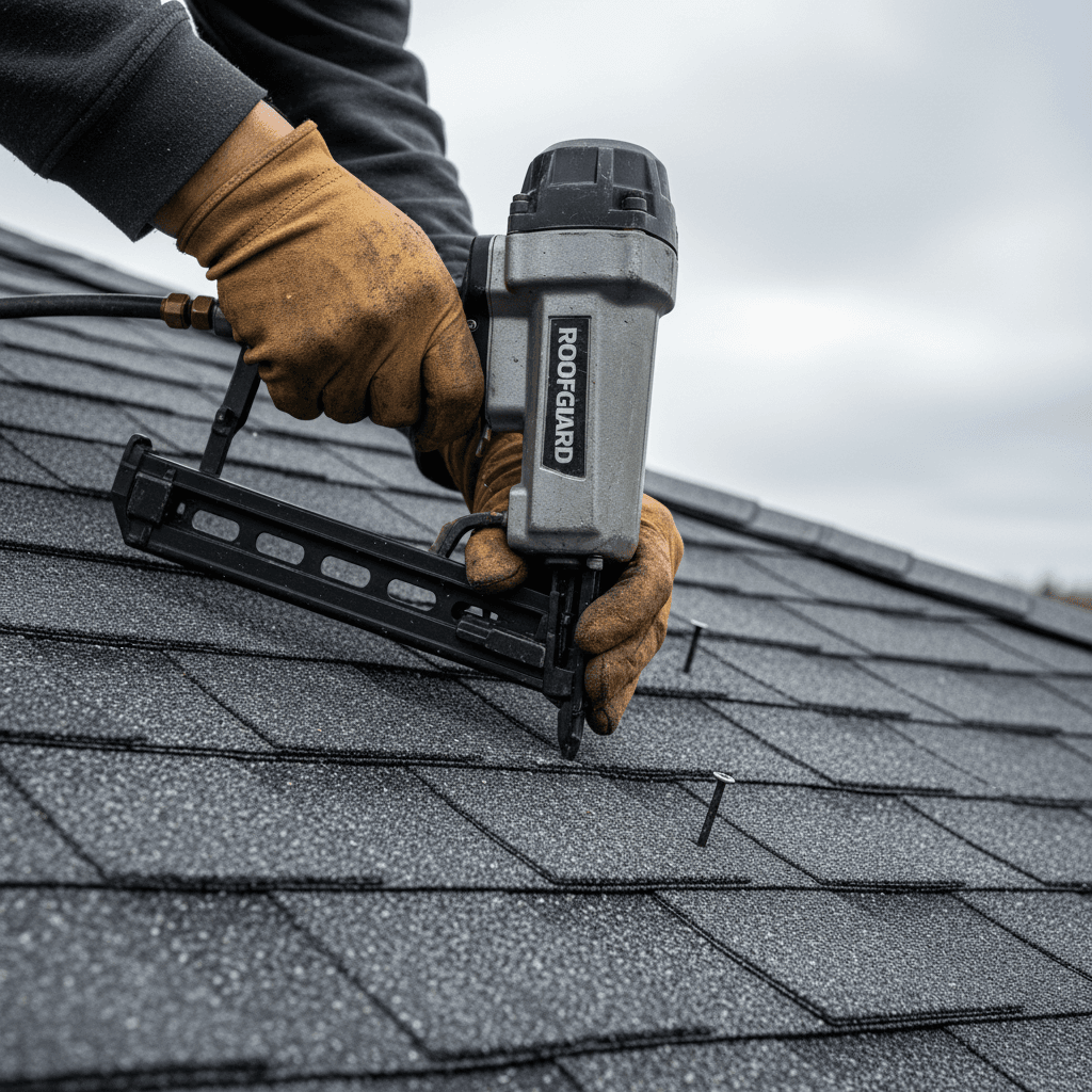 Roofer securing shingles on a residential roof
