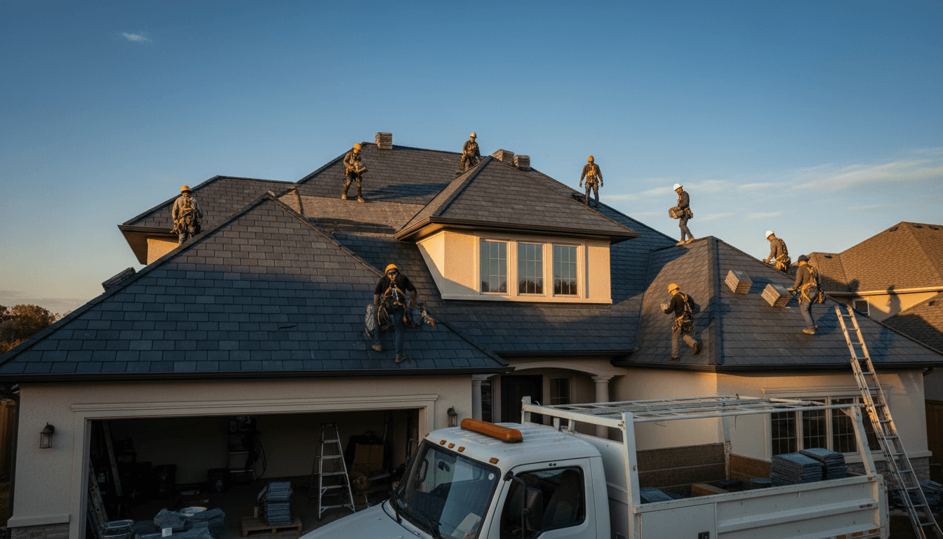 Professional roofing crew installing new roof on residential home in Pensacola