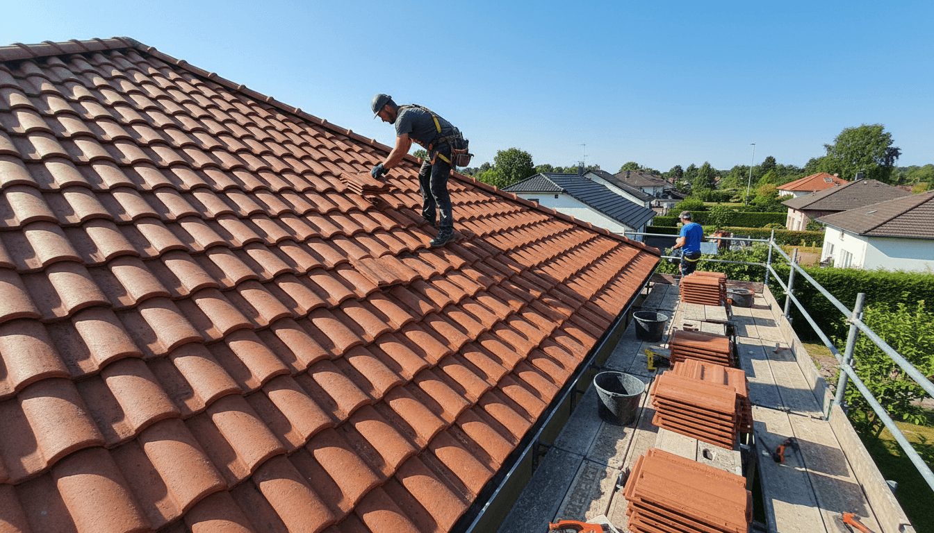Roofing supervisor reviewing project plans and overseeing roof installation work