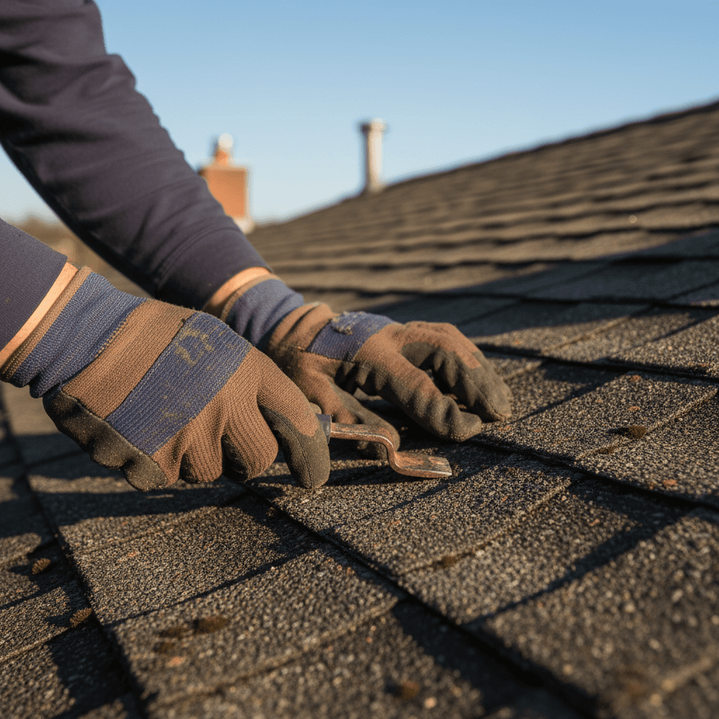 Professional roof inspection close-up examination