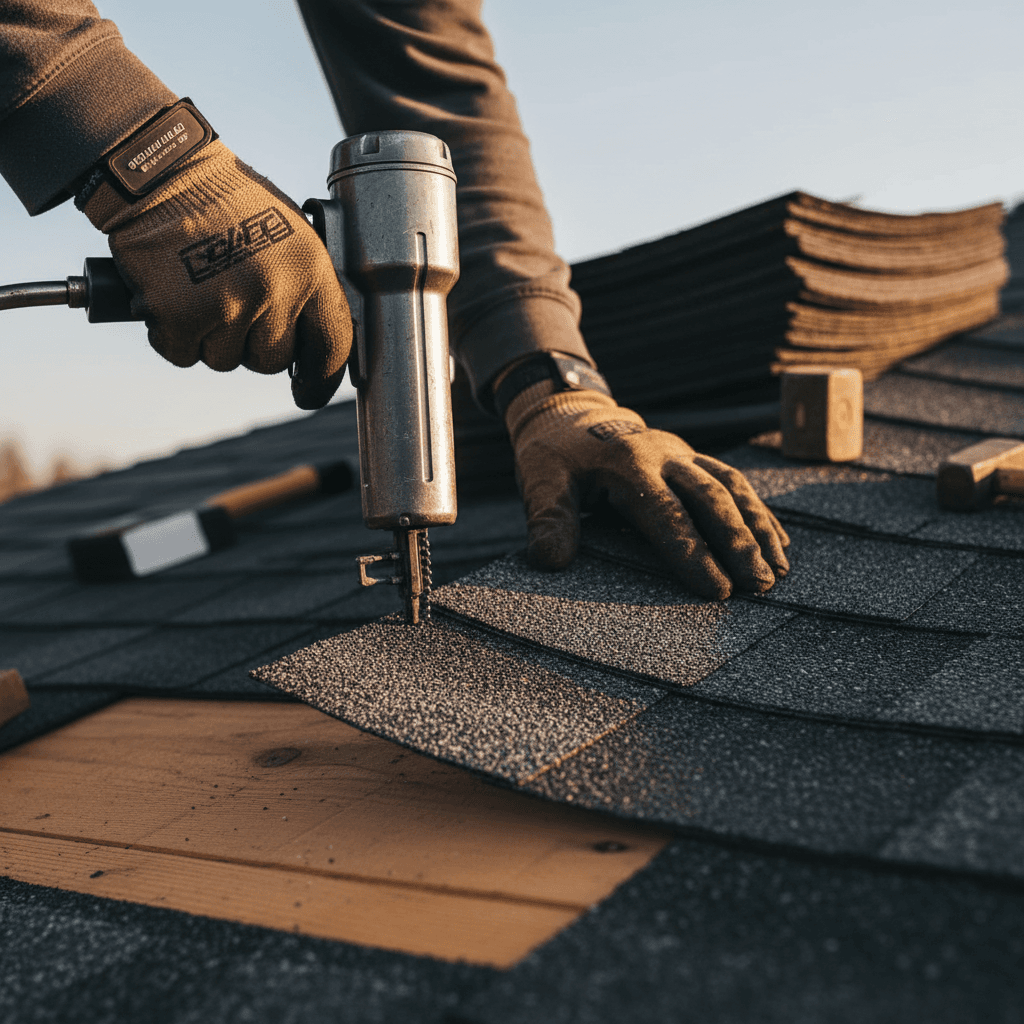 Professional roofer installing shingles on residential roof