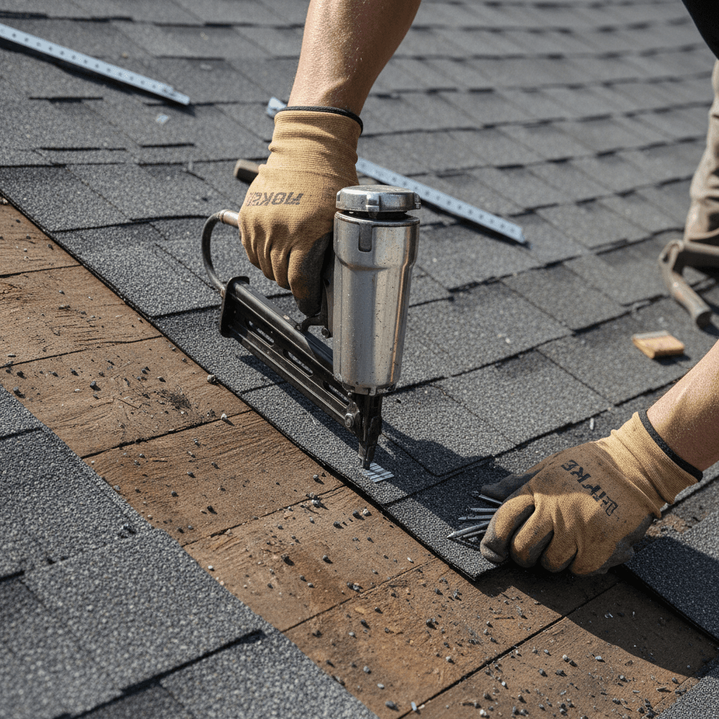 Roofer securing shingles with pneumatic nail gun
